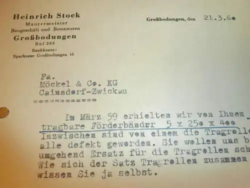 Maurermeister - Heinrich Stock in Großbodungen , 1960 , alte Rechnung , Reklame / Werbung !!