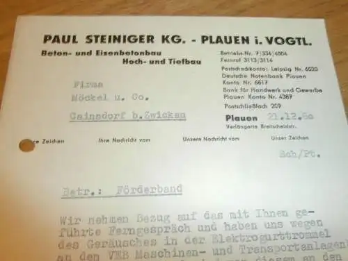 Paul Steiniger KG in Plauen i. Vogtland , 1960 , alte Rechnung , Reklame / Werbung !!