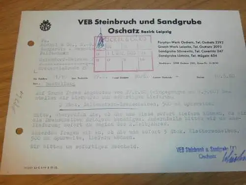 VEB Steinbruch und Sandgrube in Oschatz b. Leipzig , 1960 , alte Rechnung , Reklame / Werbung !!