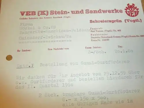VEB Stein- und Sandwerke in Schreiersgrün i. Vogtland b. Treuen , Hr. Seifert , 1960 , alte Rechnung , Reklame / Werbung