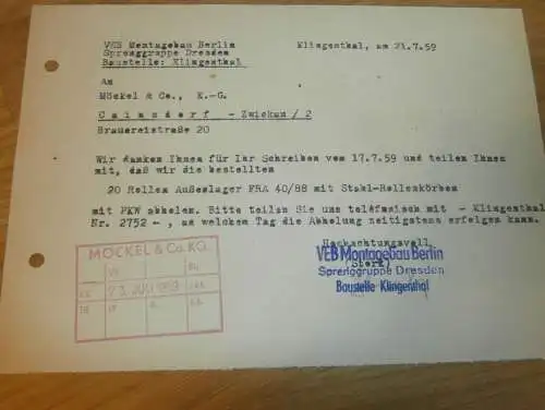 VEB Montagebau - Sprenggruppe Dresden , Baustelle Klingenthal , Hr. Stork , 1959 , alte Rechnung , Reklame / Werbung !!