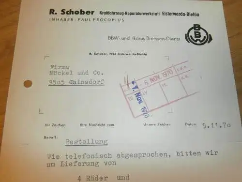KFZ-Reparatur - R. Schober / Paul Procopius in Elsterwerda-Biehla , 1970 , alte Rechnung , Reklame / Werbung !!