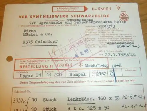VEB Synthesewerk Schwarzheide , Hr. Sprenger , Hr. Petrasch , 1970 , alte Rechnung , Reklame / Werbung !!