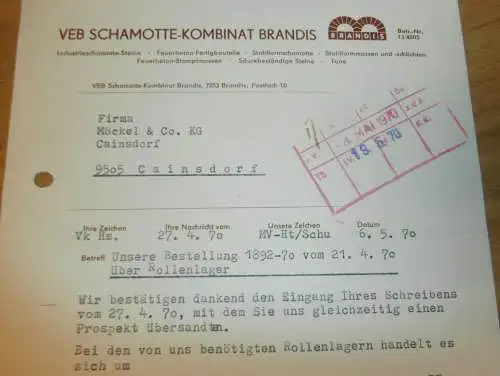 VEB Schamotte Kombinat Brandis , Hr. Weißig , Hr. Hetze , 1970 , alte Rechnung , Reklame / Werbung !!