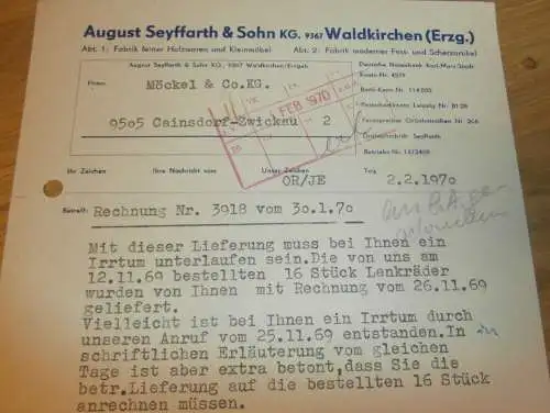 August Seyffarth & Sohn in Waldkirchen i. Erzgebirge , 1970 , alte Rechnung , Reklame / Werbung !!