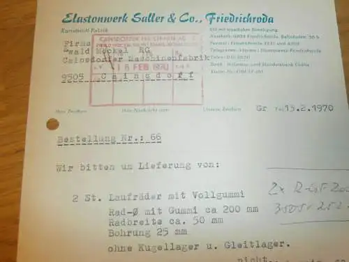 Elastonwerk Saller & Co. in Friedrichroda , Hr. Tschernitz , 1970 , alte Rechnung , Reklame / Werbung !!