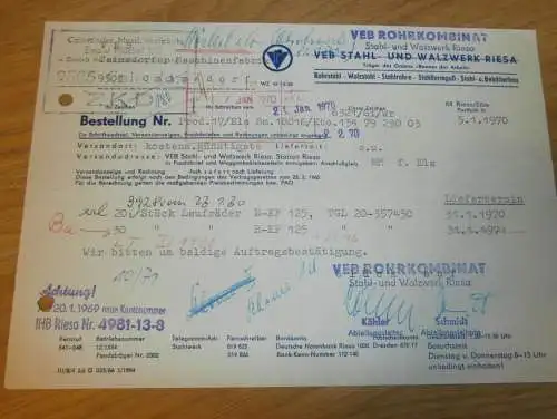 VEB Stahl- und Walzwerk Riesa , Hr. Köhler , Hr. Schmidt , 1970 , alte Rechnung , Reklame / Werbung !!