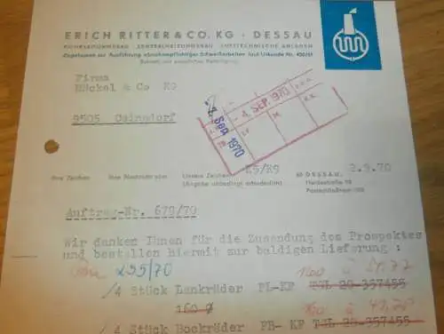 Heizungsbau - Erich Ritter & Co. KG in Dessau , 1970 , alte Rechnung , Reklame / Werbung !!