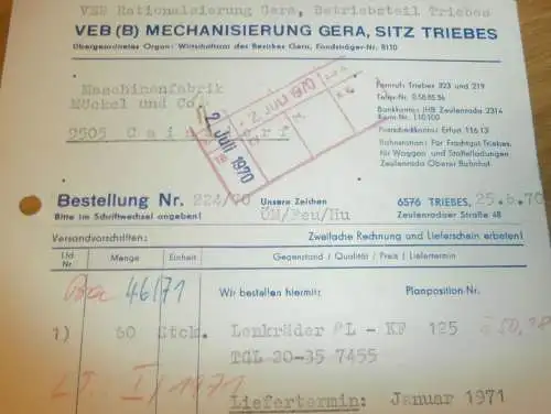VEB Mechanisierung Gera , Sitz Triebes , Hr. Feustel , Hr. Rüger , 1970 , alte Rechnung , Reklame / Werbung !!