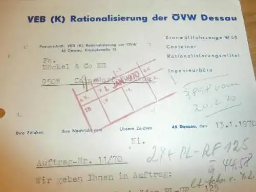 VEB Rationalisierung der ÖVW Dessau , Hr. Voigtmann , Hr. Nikolaus , 1970 , alte Rechnung , Reklame / Werbung !!