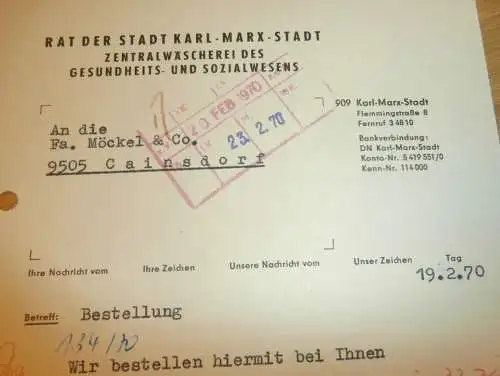 Zentralwäscherei - Rat der Stadt Karl-Marx-Stadt , Hr. Bornat , 1970 , alte Rechnung , Reklame / Werbung !!