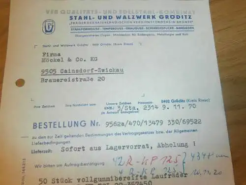 Stahl- und Walzwerk Gröditz b. Riesa , Hr. Schurig , Fr. Stasch  , 1970 , alte Rechnung , Reklame / Werbung !!