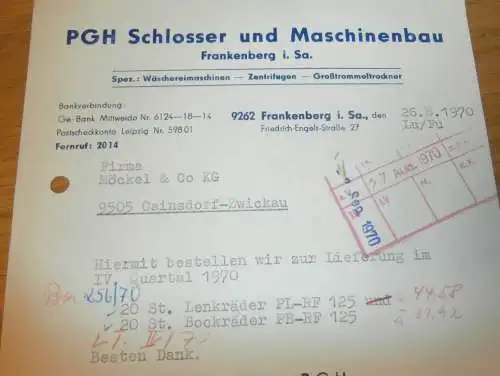 PGH " Schlosser und Maschinenbau" in Frankenberg i. Sa., 1970 , alte Rechnung , Reklame / Werbung !!