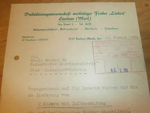 PGH "Einheit" werktätige Fischer in Storkow / Mark , Entenfarm , Nerzfarm , 1970 , alte Rechnung , Reklame / Werbung !!