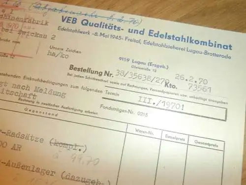 VEB Edelstahlwerk "8. Mai 1945" in Freital , 1970 , alte Rechnung , Reklame / Werbung !!