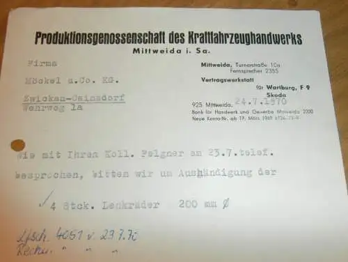 PGH des Kraftfahrzeughandwerks in Mittweida i. Sa., 1970 , alte Rechnung , Reklame / Werbung !!