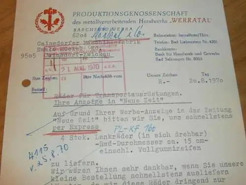 PGH "Werratal" in Barchfeld - Werra , 1970 , alte Rechnung , Reklame / Werbung !!