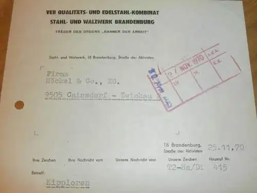 VEB Edelstahlkombinat in Brandenburg , Hr. Brunkow , Hr. Haase , Banner der Arbeit , 1970 , Rechnung , Reklame / Werbung