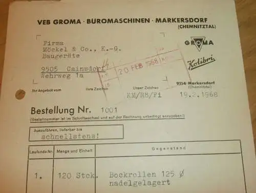 Büromaschinen - VEB Groma in Markersdorf , Hr. Römer , 1968 , alte Rechnung , Reklame / Werbung !!