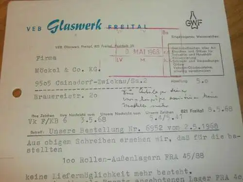 VEB Glaswerk Freital , Hr. Ludwig , Hr. Heinze , 1968 , alte Rechnung , Reklame / Werbung !!