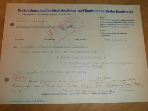 PGH Beton und Kunststein in Luckenwalde , 1970 , alte Rechnung , Reklame / Werbung !!