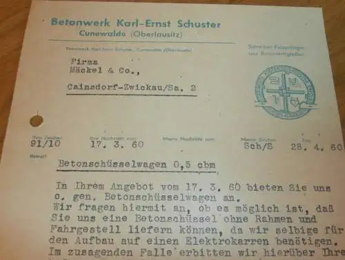 Betonwerk - Karl-Ernst Schuster in Cunewalde i. Oberlausitz , 1960 , alte Rechnung , Reklame / Werbung !!