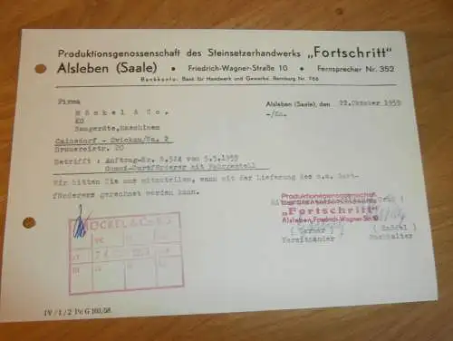 PGH "Fortschritt" Steinsetzer in Alsleben a. Saale , Hr. Germer , Hr. Knödel 1959 , alte Rechnung , Reklame / Werbung !!
