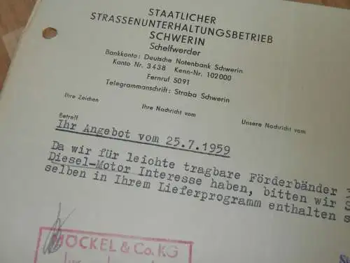 Staattlicher Strassenunterhaltungsbetrieb Schwerin , 1959 , alte Rechnung , Reklame / Werbung !!