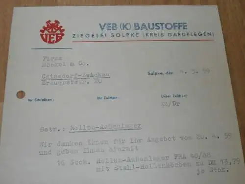 VEB Baustoffe Solpke b. Gardelegen , 1959 , alte Rechnung , Reklame / Werbung !!