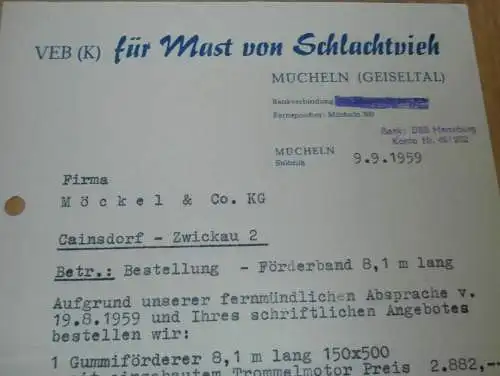 VEB - Mast von Schlachtvieh in Mücheln i. Geiseltal , 1959 , alte Rechnung , Reklame / Werbung !!