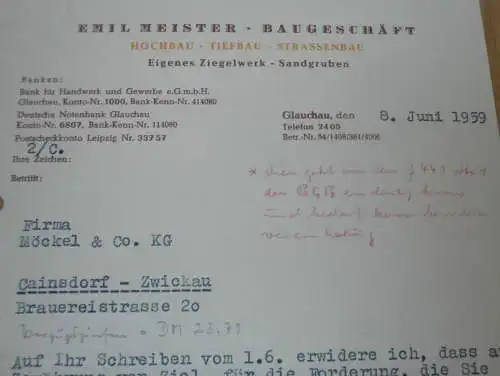 Hochbau und Strassenbau - Emil Meister in Glauchau , 1959 , alte Rechnung , Reklame / Werbung !!