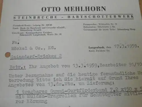 Steinbruch - Otto Mehlhorn in Langenbach b. Zwickau , 1959 , alte Rechnung , Reklame / Werbung !!