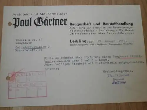 Architekt Paul Gärtner in Leißling b. Weißenfels , 1959 , alte Rechnung , Reklame / Werbung !!