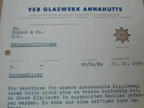 VEB Glaswerk Annahütte , Hr. Kubitz , Bonbonglas , 1959 , alte Rechnung , Reklame / Werbung !!