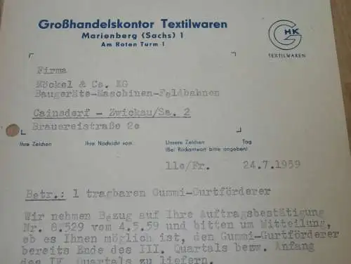 Großhandelskontor Textilwaren in Marienberg i. Sachsen , 1959 , alte Rechnung , Reklame / Werbung !!