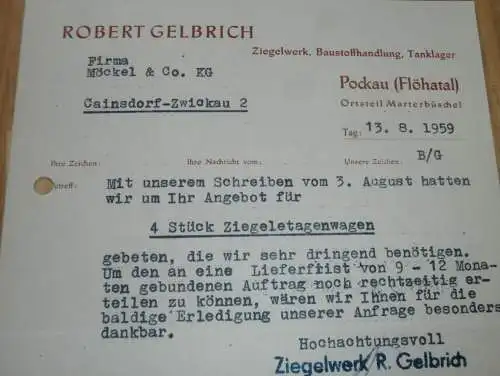 Ziegelwerk - Robert Gelbrich in Pockau / Flöhatal  , 1959 , alte Rechnung , Reklame / Werbung !!