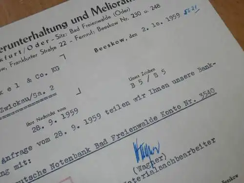 VEB Meliorationsbau Frankfurt / Oder , Beeskow , 1959 , alte Rechnung , Reklame / Werbung !!