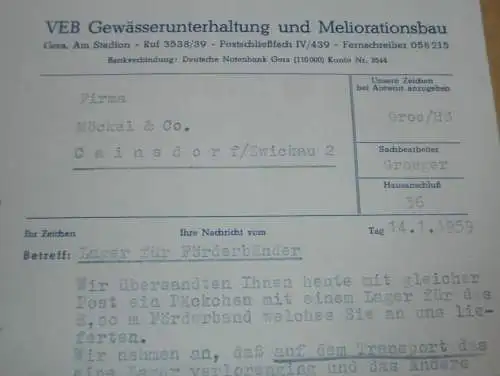 VEB Meliorationsbau Gera , 1959 , alte Rechnung , Reklame / Werbung !!
