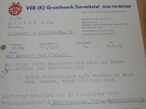 VEB Granitwerk Sormitztal , Gahma , Post Wurzbach , 1959 , alte Rechnung , Reklame / Werbung !!