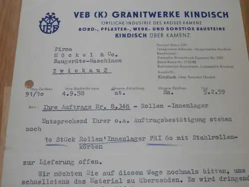 VEB Granitwerk Kindisch b. Kamenz , 1959 , alte Rechnung , Reklame / Werbung !!