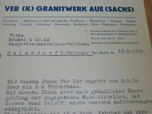 VEB Granitwerk Aue i. Sachsen , 1959 , alte Rechnung , Reklame / Werbung !!