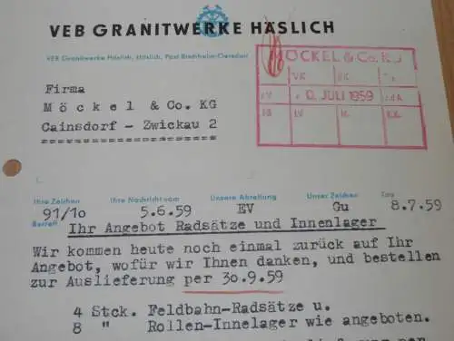 VEB Granitwerk Häslich , Bischheim Gersdorf , 1959 , alte Rechnung , Reklame / Werbung !!