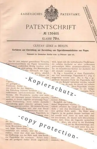 original Patent - Gustav Leske , Berlin | 1902 | Zigaretten - Mundstücke aus Pappe | Zigarette , Tabak , Rauchen