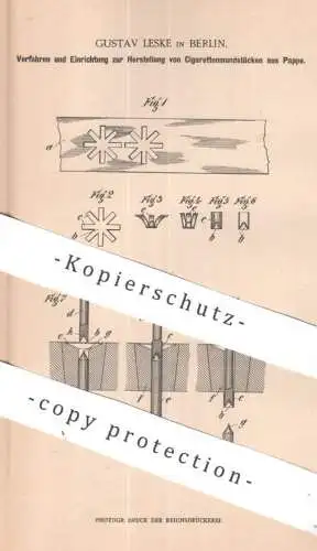 original Patent - Gustav Leske , Berlin | 1902 | Zigaretten - Mundstücke aus Pappe | Zigarette , Tabak , Rauchen
