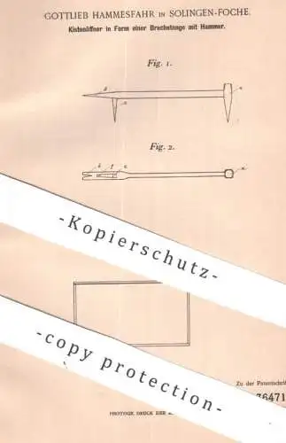 original Patent - Gottlieb Hammesfahr , Solingen / Foche | 1901 | Kistenöffner in Form einer Brechstange mit Hammer !!