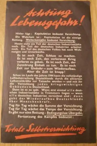 altes Original - Flugblatt 1944 , Achtung Lebensgefahr , Selbstvernichtung , Flugzeuge , Kapitulation , Propaganda !!