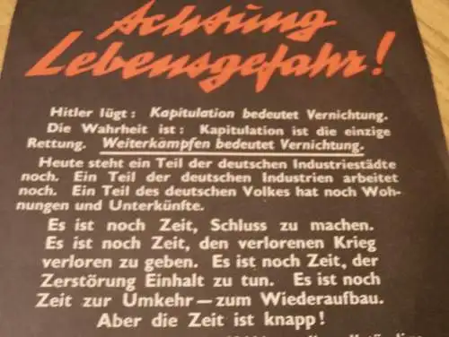 altes Original - Flugblatt 1944 , Achtung Lebensgefahr , Selbstvernichtung , Flugzeuge , Kapitulation , Propaganda !!