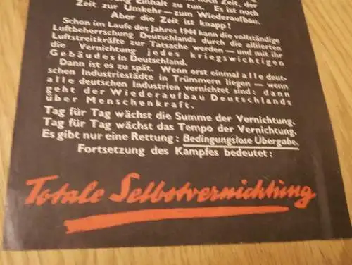 altes Original - Flugblatt 1944 , Achtung Lebensgefahr , Selbstvernichtung , Flugzeuge , Kapitulation , Propaganda !!