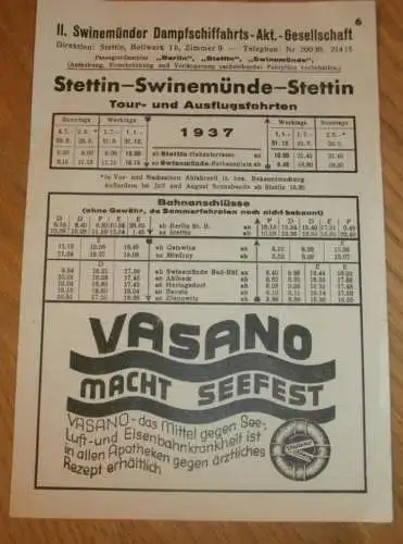 1. Dampfschiff-Gesellschaft Stettin , 1937 , altes Prospekt , Fahrplan, Schiff , Pommern , Ostpreussen Reklame / Werbung