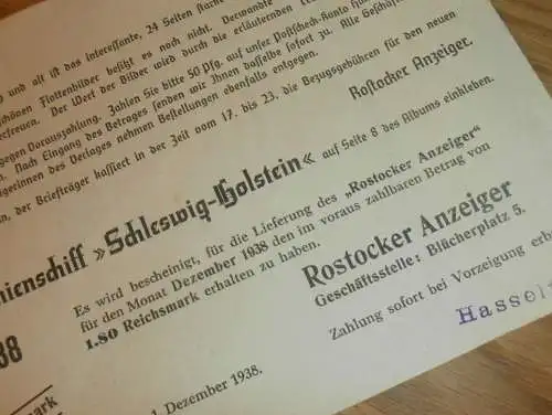 Linienschiff " Schleswig-Holstein" , 1938 , Rostocker Anzeige , Rostock , Schiff , Reklame / Werbung !!
